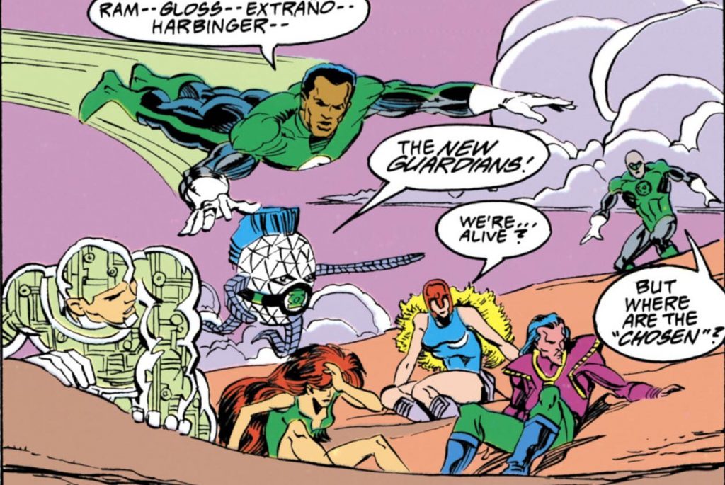 The New Guardians lie on the ground, just waking up from unconsciousness. Green Lantern John Stewart flies above, saying, "Ram - Gloss - Extrano - Harbinger - " Green Lantern Chaselon, an alien made of diamond, says, "The New Guardians!" Harbinger says, "We're alive?" A third Green Lantern says, "But where are the Chosen?"