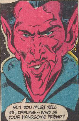 Close-up on Sinestro's face. He says, "But you must tell me, darling - who is your handsome friend?"