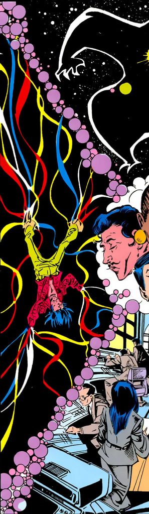 A portion of a larger image. Gregorio, with his eyes closed, hallucinates himself floating with his hands and feet turning into multicolored strands of light.