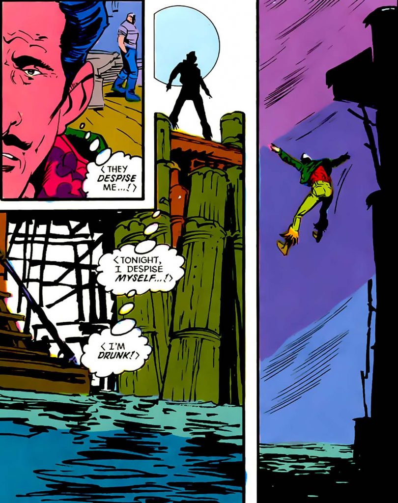 First panel, Gregorio on a dock with a large man in the background. Gregorio thinks, "They despise me." Second panel, Gregorio stands at the end of the dock, above the water. He thinks, "Tonight, I despite myself. I'm drunk!" Third panel, Gregorio jumps into the water.