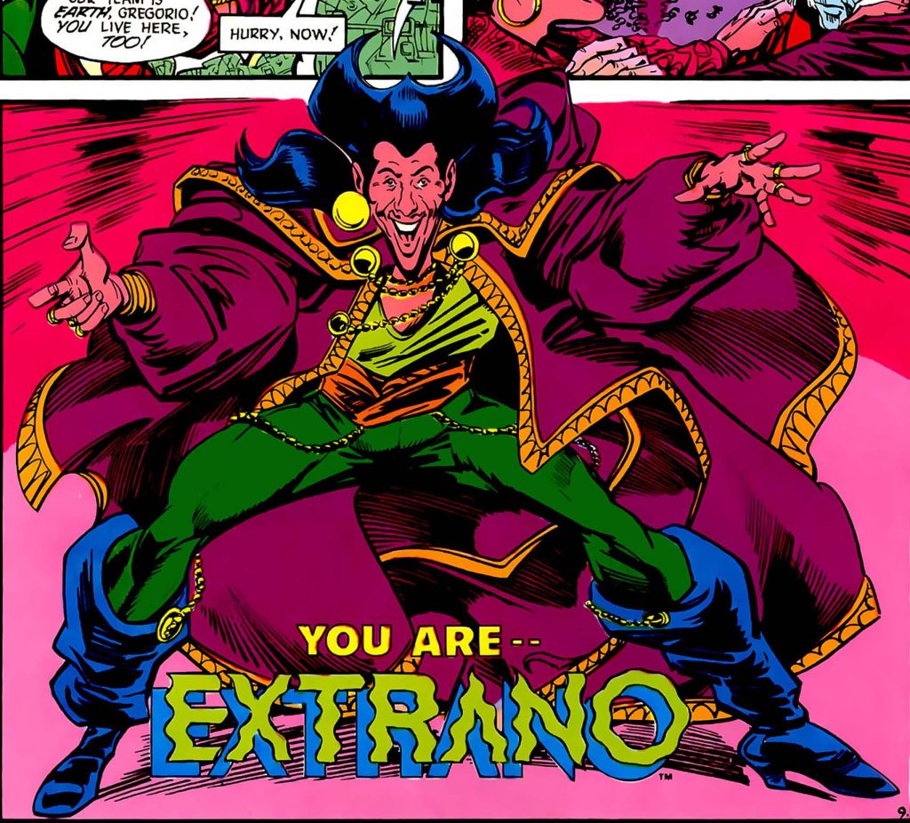 Gregorio poses in his new, elaborate super-hero costume. A caption reads, "You are Extraño".