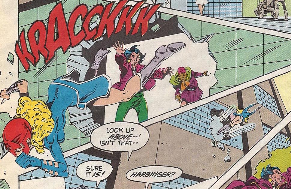 Panel one, seen from outside the building, Harbinger bursts through a solid concrete wall, which on the exterior looks to be all windows. Inside, Gregorio and Jet rush after her. A sound effect reads, "Kracckkk".

Second panel, from below, Harbinger flying away from the hole in the building, still apparently windows yet with falling chunks of rubble. A person on the ground says, "Look up above! Isn't that-?" A second person says, "Sure it is!" A third says, "Harbinger?"