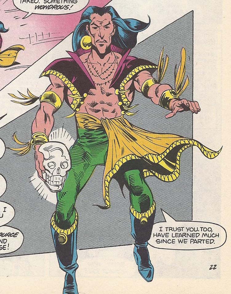 Gregorio stands in his new costume, with green tights and a tiny vest leaving most of his now muscular torso exposed. He carries a crystal skull in one hand. He says, "I trust you, too, have learned much since we parted."