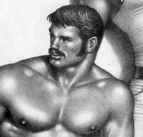 A close up of a muscular shirtless man drawn by erotic artist Tom of Finland. The man resembles Steelgrip.