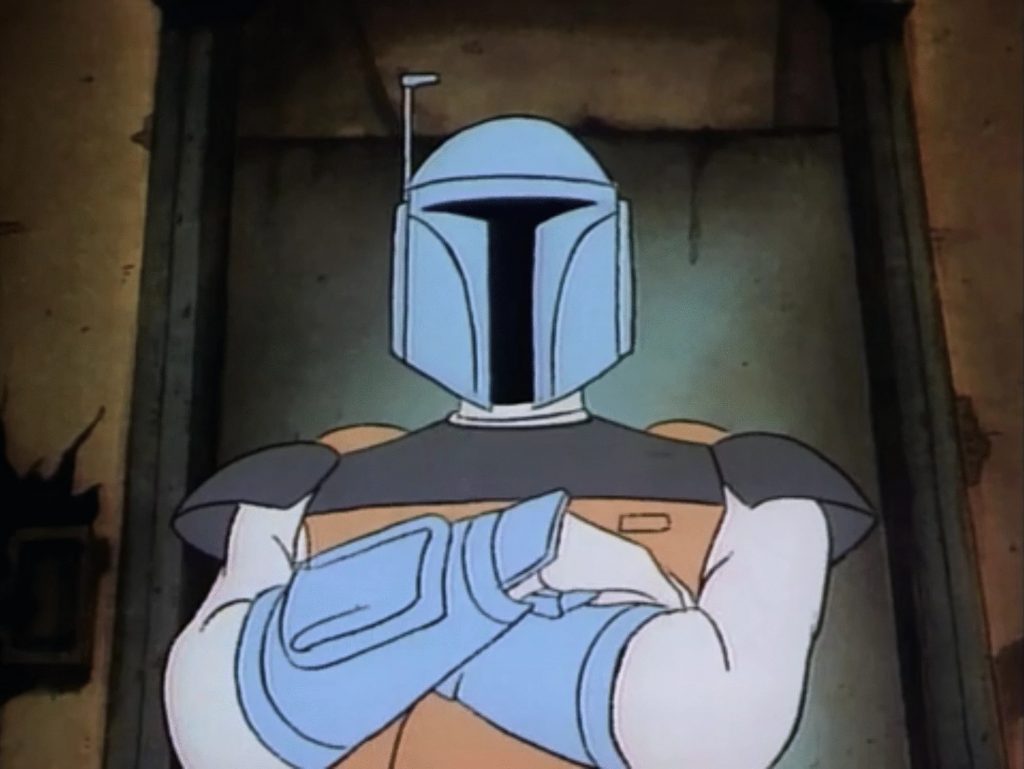A still from the "Droids" cartoon. The bounty hunter Boba Fett stands with his arms crossed.
